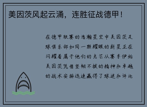 美因茨风起云涌，连胜征战德甲！