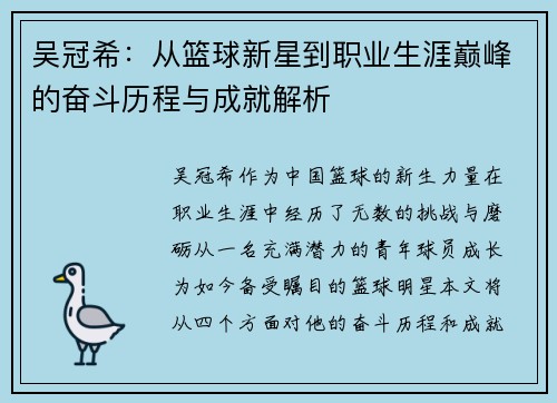 吴冠希：从篮球新星到职业生涯巅峰的奋斗历程与成就解析